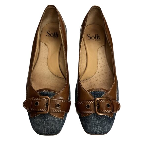 Sofft Flats Brown Leather Denim Blue Loafers Buckle Toe Womens 7.5 M Driving Moc - Picture 2 of 9